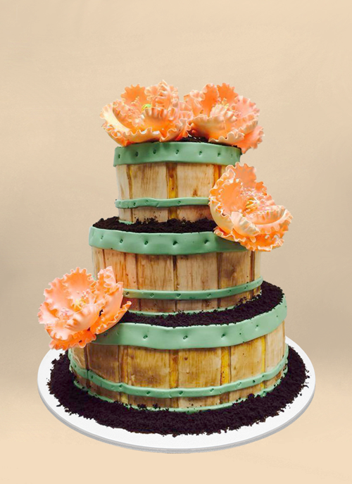 Photo: 3 tier crate fondant cake overflowing with oreo dirt and large orange sugar flowers