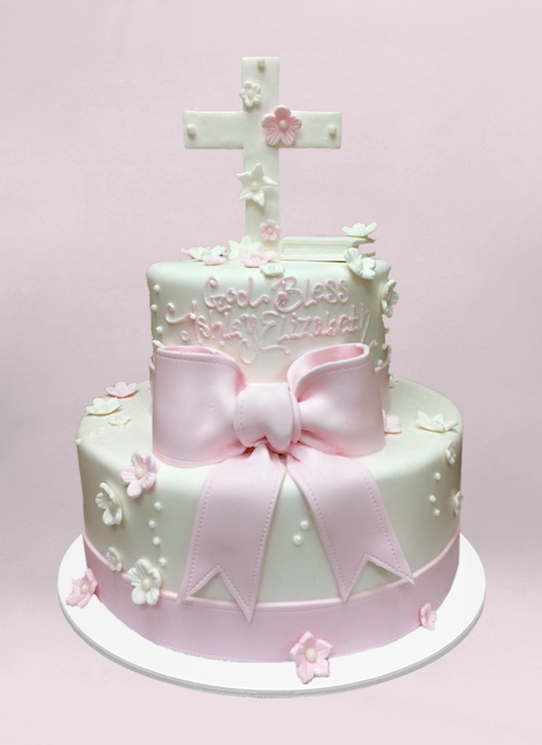 Photo: white fondant cake with pink accents