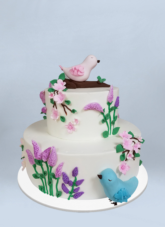 Photo:  bird and floral iced cake