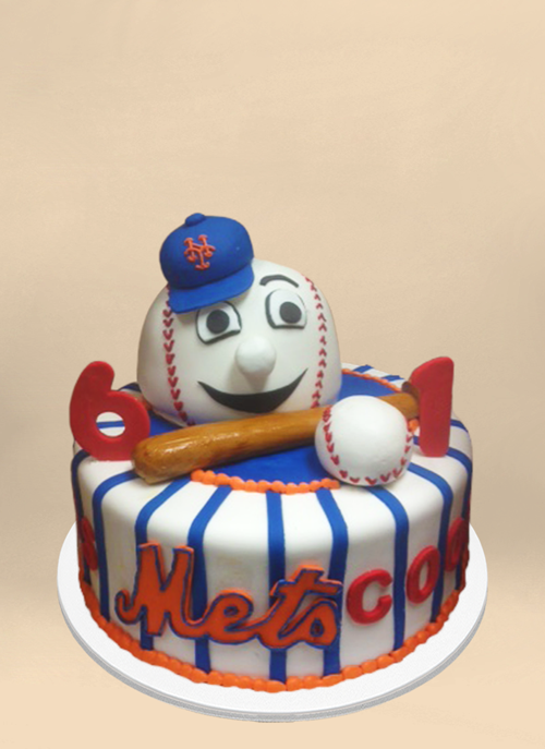 Photo: mets cake with dimensional baseball mascot and bat