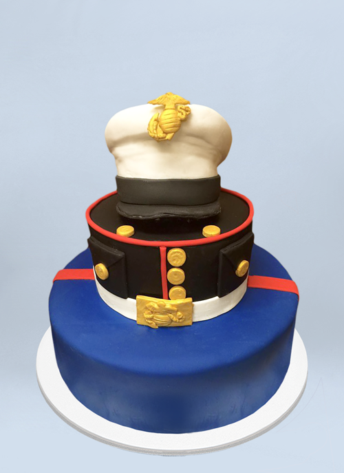 Photo: red, blue fondant cake with marine uniform and marine hat
