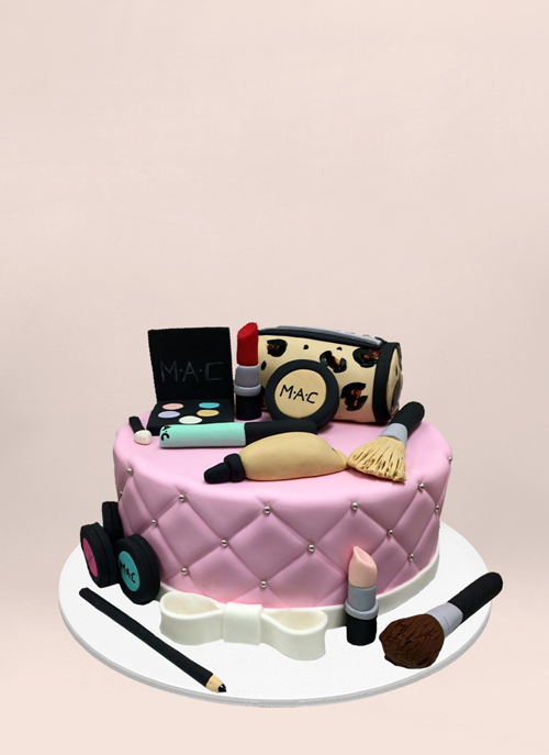 Photo: pink fondant cushion with gems, and dimensional fondant makeup products